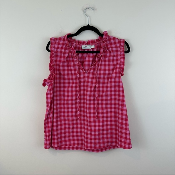 Vineyard Vines Pink Gingham Plaid Ruffle Sleeveless Blouse Top Size Large - Picture 2 of 5